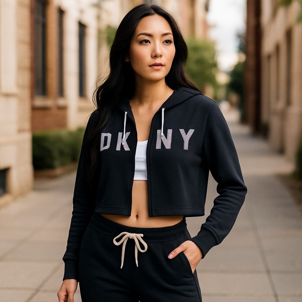 NWT DKNY Wide Sleeved Logo Cropped Zip Hoodie